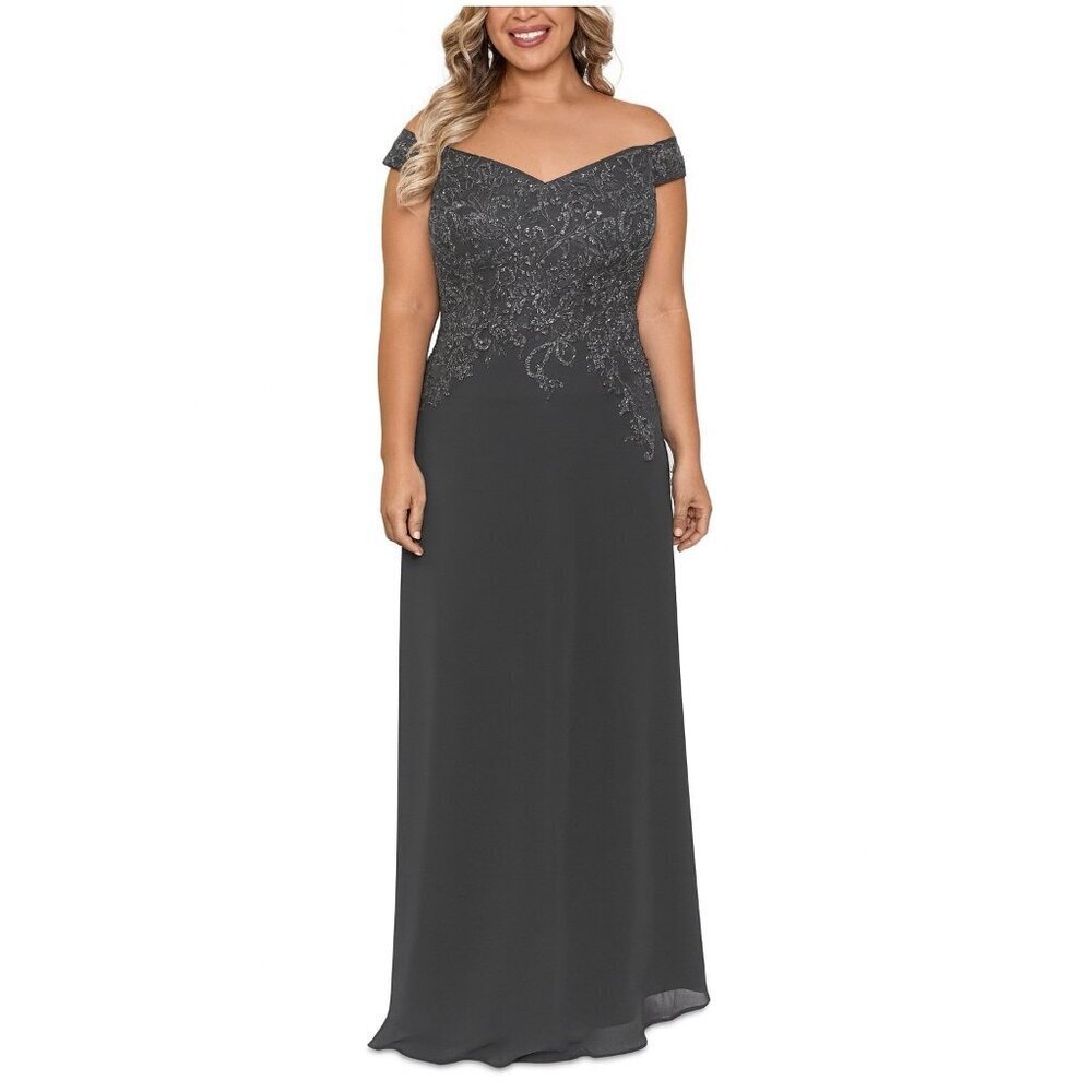 Betsy & Adam Off-Shoulder Embellished Maxi Dress in Charcoal Gray